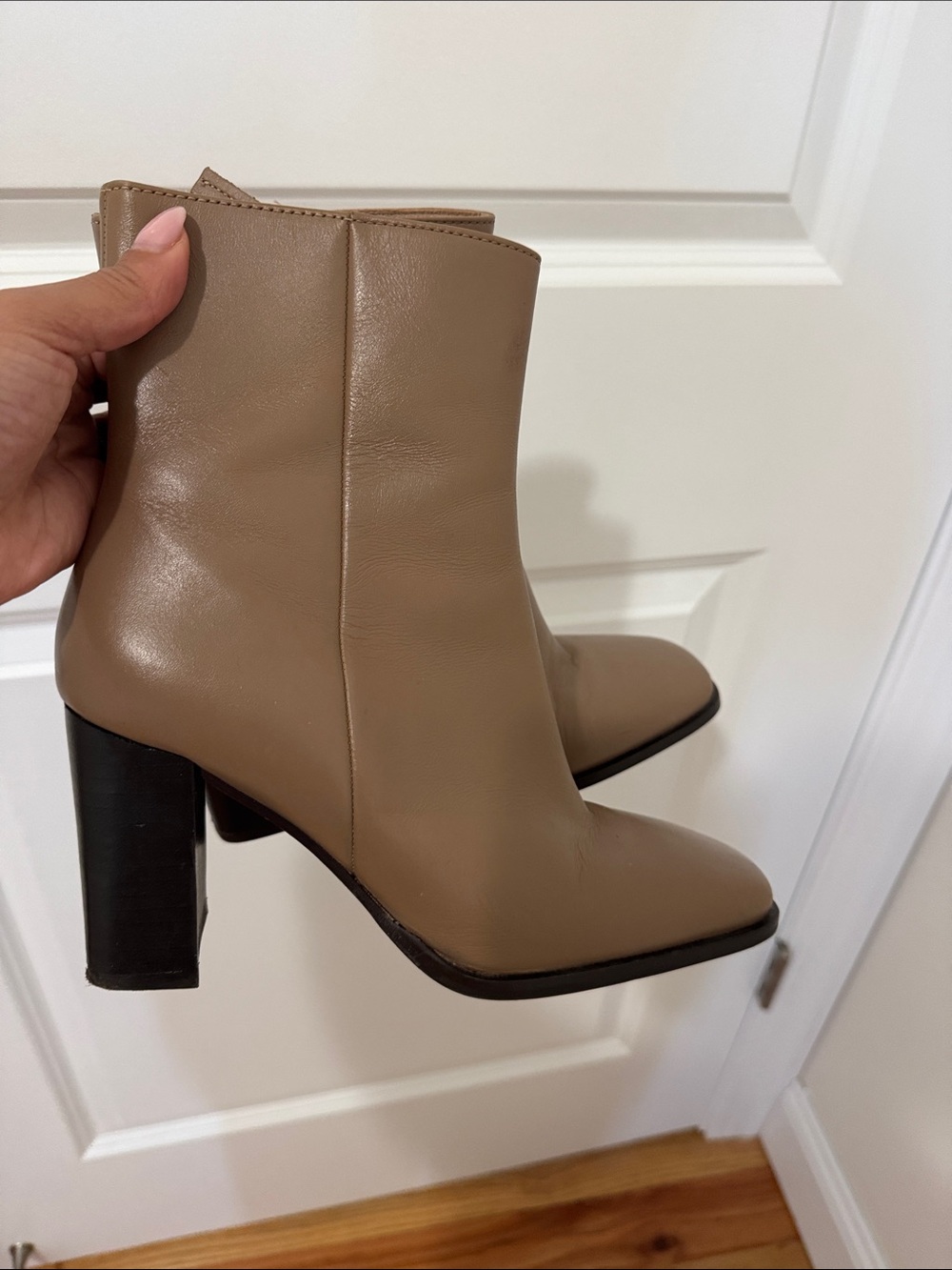 Reiss Taupe Leather Block Heel Ankle Boots